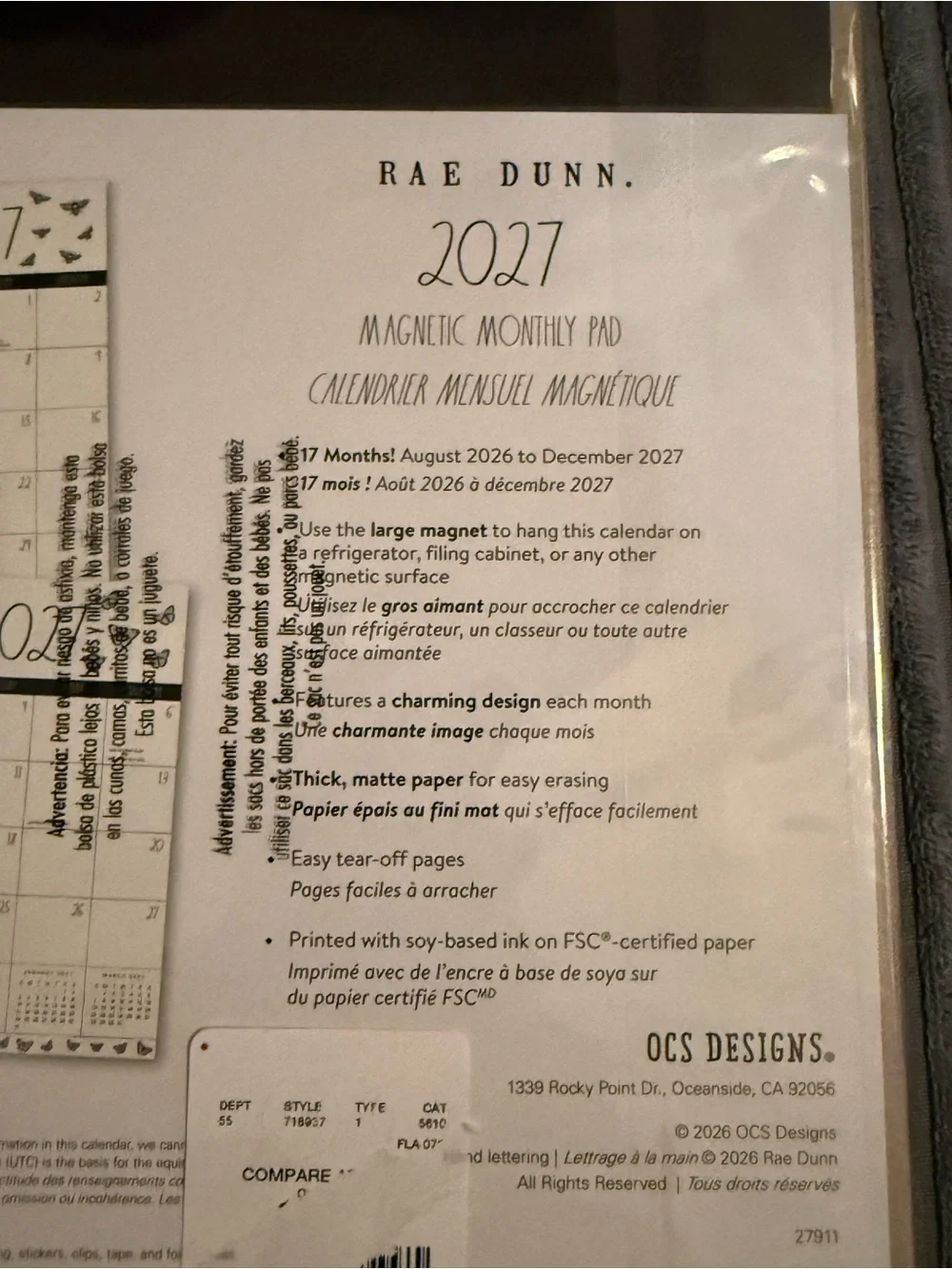 Rae Dunn White & Black 17-Month Magnetic Monthly Pad Aug 2026 - Dec 2027